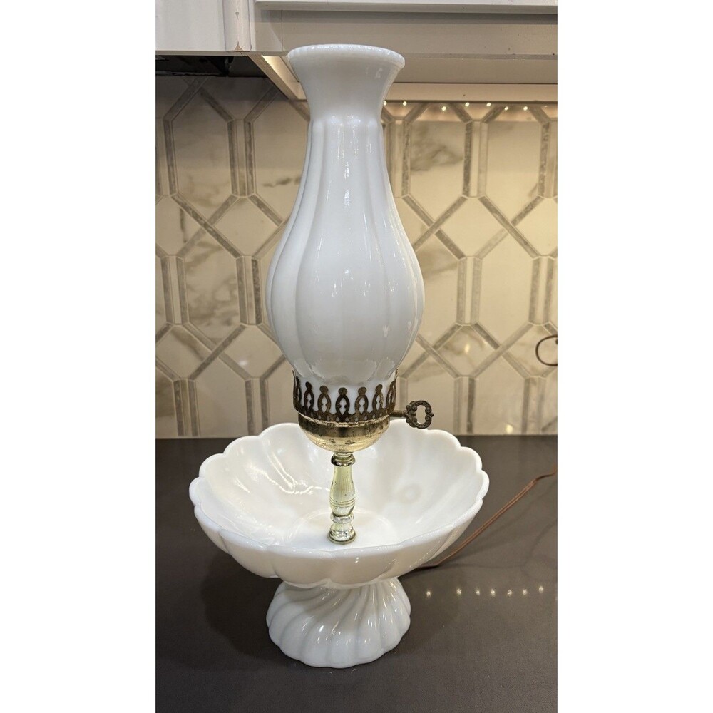 Milk Glass Bowl Brass Lamp Spiral Swirl Pattern Melon Milk Glass Chimney Works